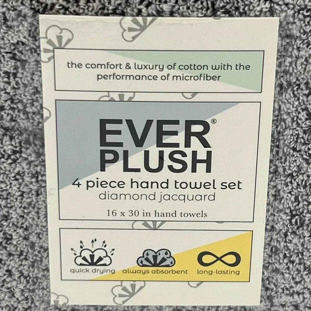 Everplush Hand Towel Set 4pc Grey 16x30 Diamond Jacquard New